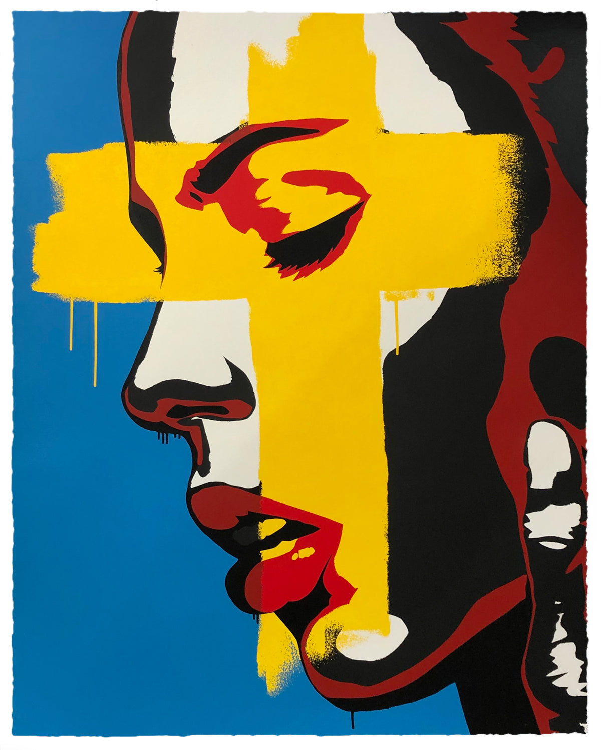 The profile of a woman, pop art style, with a yellow cross over her face 