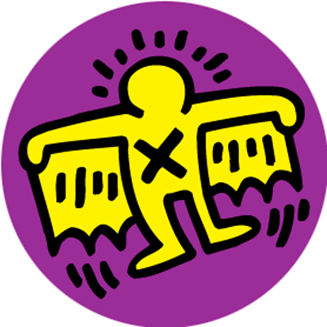 Keith Haring Yellow Superhero on Purple 1 Inch Pin
