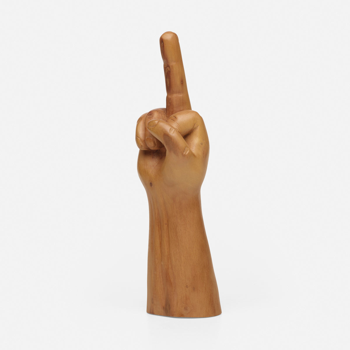 a sculpture of a gold hand with the middle finger pointed, side view angle 