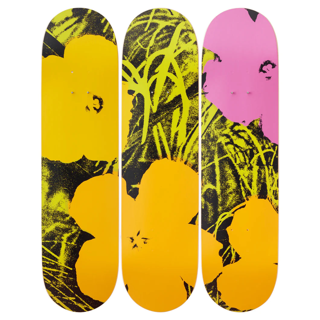 3 colorful skateboards with flower designs